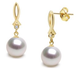 Boucles d'Oreilles en Or 18k diamants et perles d'Australie blanches argentées 9-10 mm AAA