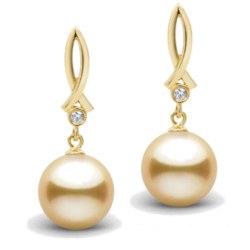 Boucles d'Oreilles en Or 18k diamants et perles dorées des Philippines 9-10 mm AAA