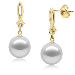 Boucles d'oreilles Or 18k et diamants avec Perles d'Eau Douce 9-10 mm AAA 