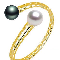 Bracelet en Or 9k perle noire Tahiti et perle d'Australie blanche