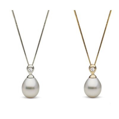 Pendentif Or 18k et Diamant Perle d'Australie Blanche Goutte 10-11 mm AA+