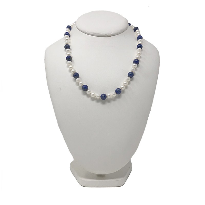 Collier de perles de culture d'Eau Douce blanches et pierres semi-précieuses