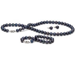 Parure Perles d'Eau Douce Noires 7-8 mm 45/18 cm 3 Bijoux Collier, Bracelet, Bloucles