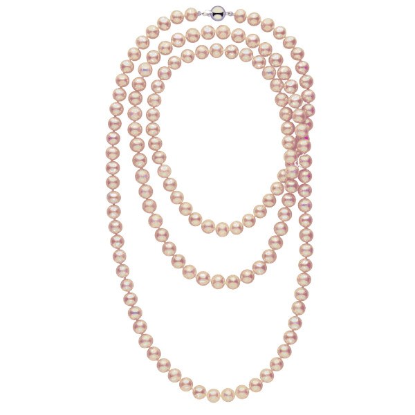 Très long collier de perles d'eau douce lavandes 9 à 10 mm 130 cm