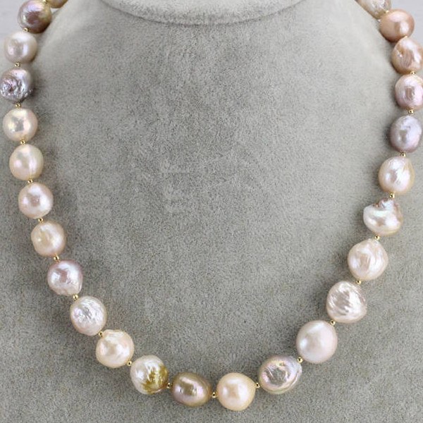 Collier 45 cm de Perles Ripple Baroques d'eau douce 10-12 mm métalliques avec billes Plaqué Or
