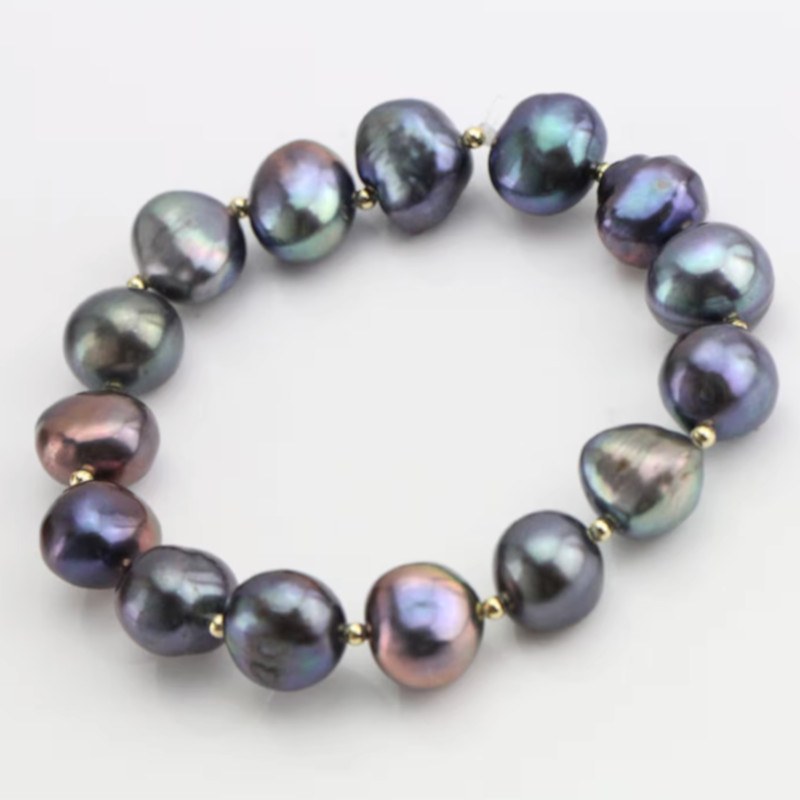 Bracelet Perles Eau Douce Noires 9-11 mm billes Argent plaqué Or Jaune