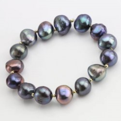 Bracelet Perles Eau Douce Noires 9-11 mm billes Argent plaqué Or Jaune