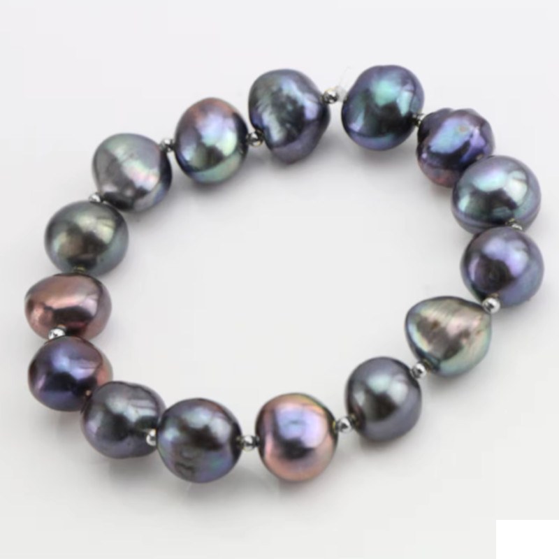 Bracelet Perles Eau Douce Noires 9-11 mm billes Argent plaqué Or Gris