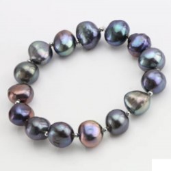 Bracelet Perles Eau Douce Noires 9-11 mm billes Argent plaqué Or Gris