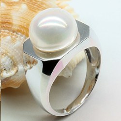 Bague Argent 925 avec perle d'eau douce blanche 11-11,5 mm AA+ forme bouton