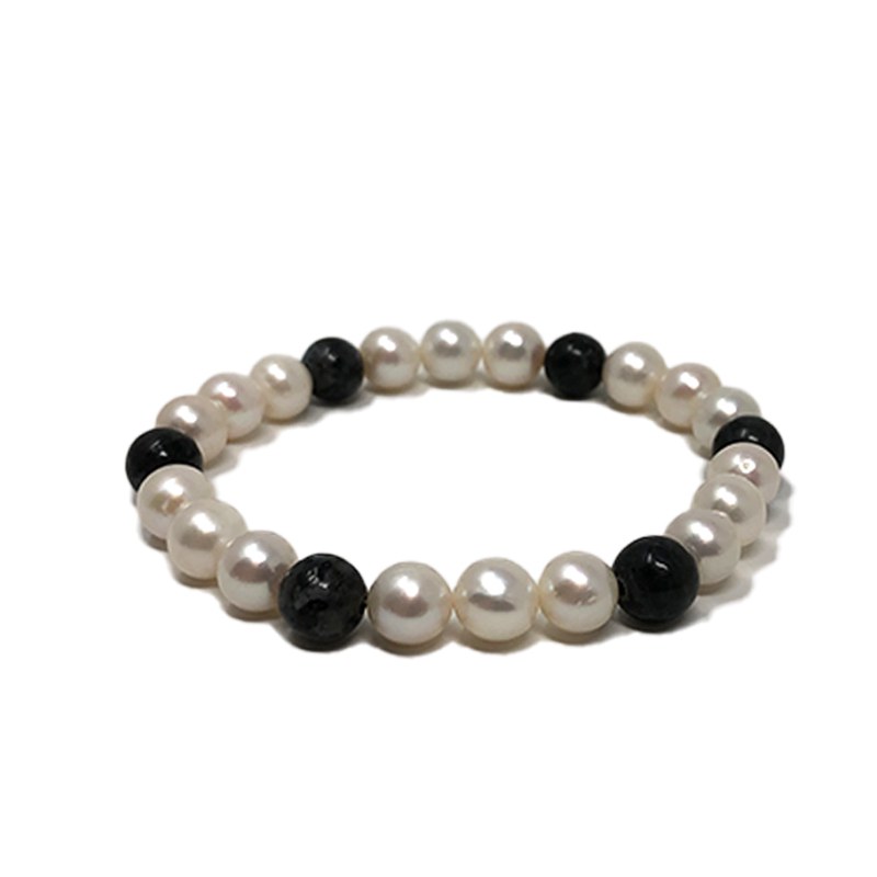 Bracelet Perles de culture d'Eau Douce blanches et Obsidienne noire, Pierre semi-precieuse