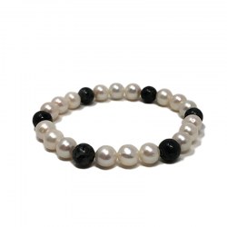 Bracelet Perles de culture d'Eau Douce blanches et Obsidienne noire, Pierre semi-precieuse