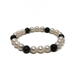 Bracelet Perles d'Eau Douce blanches et Obsidienne Pierre semi-precieuse