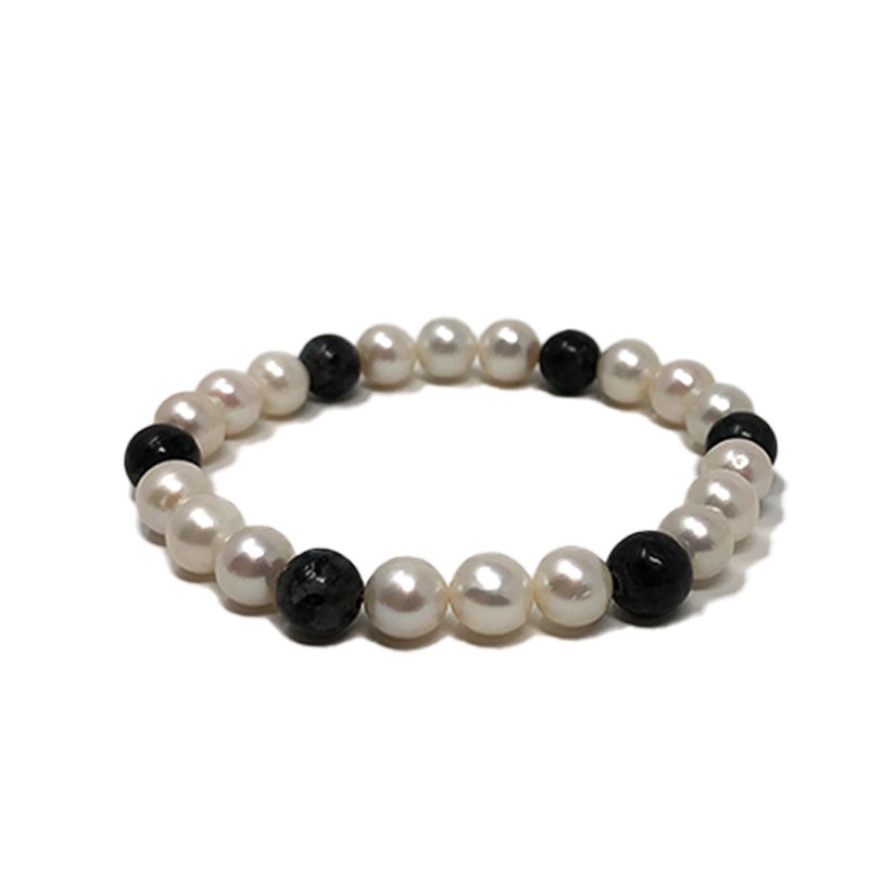 Bracelet Perles d'Eau Douce blanches et Obsidienne Pierre semi-precieuse