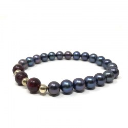 Bracelet de perles d'Eau Douce noires et Pierres semi precieuses Grenat rouge naturel