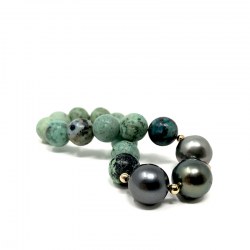 Bracelet de perles de Tahiti, 11-12 mm, Veritable Turquoise du Perou, pierres semi-précieuses