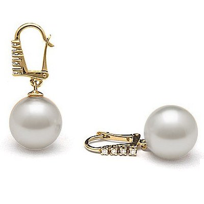 Boucles d'Oreilles or 18k diamants perles blanches 9-10 mm Doucehadama