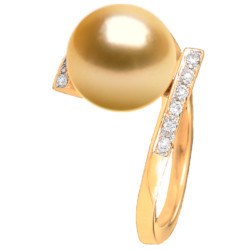 Bague Or 18k et diamants avec perle des Philippines dorée 9-10 mm AAA