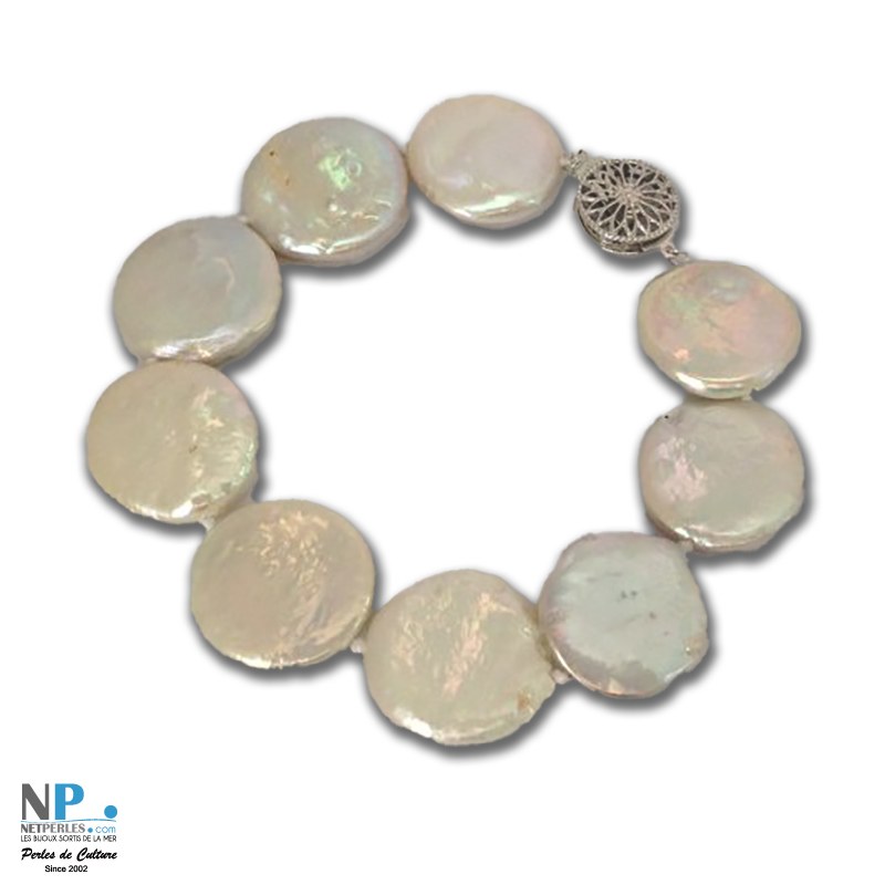 Bracelet 18 cm de perles d'eau douce plates rondes de 19-20 mm