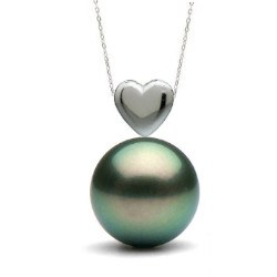 Pendentif coeur Or 14 carats et perle noire de Tahiti 8-9 mm Qualité AAA