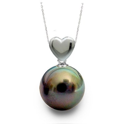 Pendentif Coeur Argent 925 avec Perle noire de Tahiti AAA