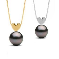 Pendentif coeur Or 14 carats et perle noire de Tahiti 8-9 mm Qualité AAA