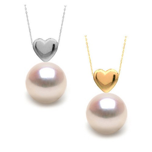 Pendentif coeur Or 14 carats avec perle d'Akoya blanche qualité AAA