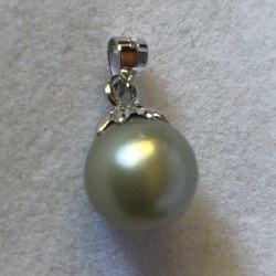 Pendentif Argent et Perle Goutte Grise Verte des Philippines 11-12 mm forme Baroque