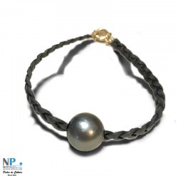 Bracelet 18 cm Cuir tressé perle de Tahiti 12,6 mm AA+ fermoir Or 18k bouée 10 mm