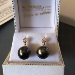 Boucles d'Oreilles Or Jaune 18k 0,14ct diamants et perles de Tahiti 9,9 mm AAA Peacock
