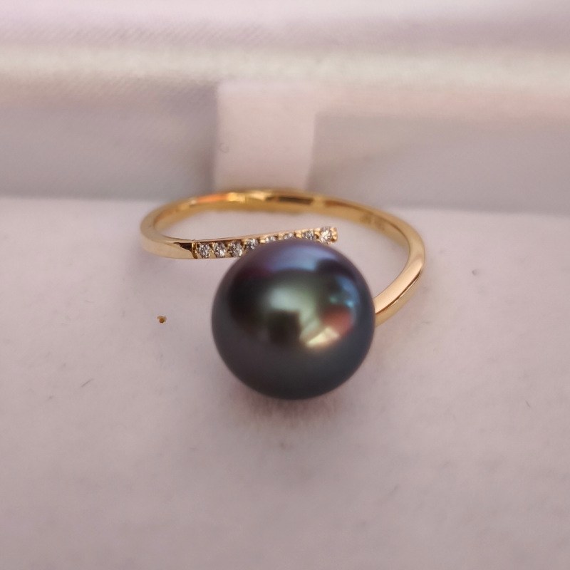 Bague Or Jaune 18k avec perle de culture de Tahiti 9,8 mm AAA