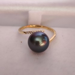 Bague Or Jaune 18k avec perle de culture de Tahiti 9,8 mm AAA