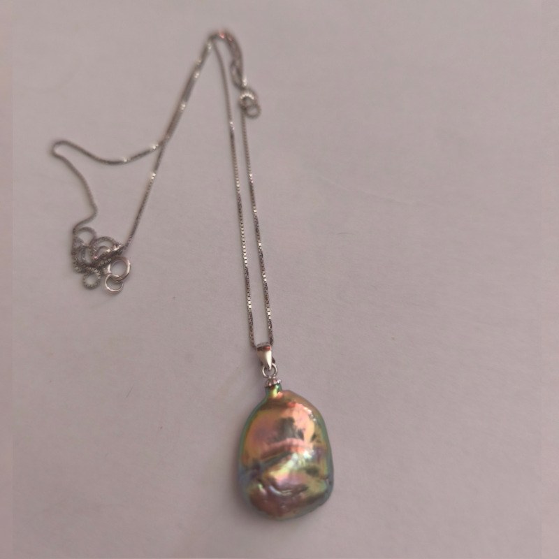 Pendentif et chaine 45 cm en Argent 925 Perle d'Eau Douce 15x20 mm métallique multireflet