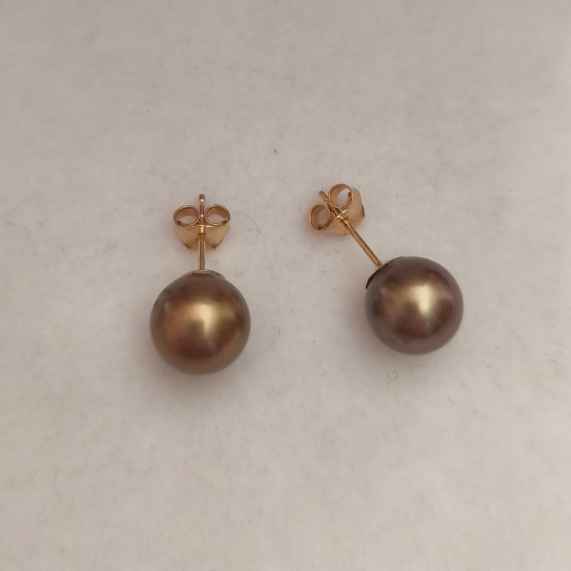 Boucles d'Oreilles Or 18k perles de Tahiti de 9 à 10 mm AAA chocolato doré