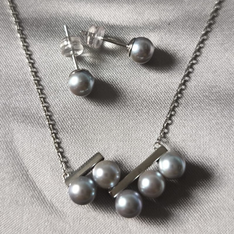 Parure de bijoux en perles bleues Akoya 6-6,5 mm AAA: collier et boucles d'oreilles
