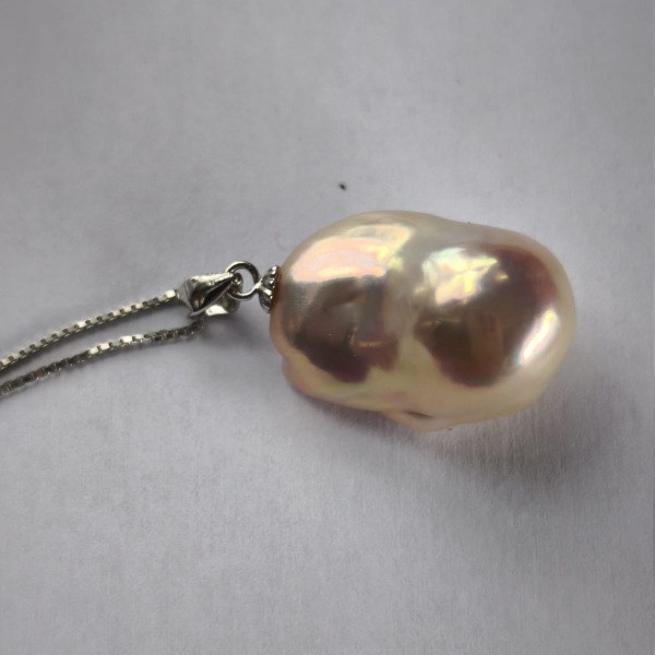 Pendentif et chaine 45 cm en Argent 925 Perle d'Eau Douce 12x17 mm métallique blanche rosée