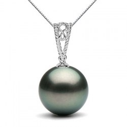 Pendentif en Or Gris 9k avec Perle noire de Tahiti de 11 - 12 mm AA+