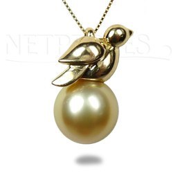 Pendentif Oiseau Or 18 carats avec Perle dorée des Philippines 9 à 10 mm