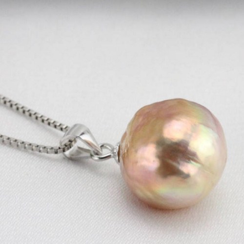 Pendentif en Argent 925 Perle Soufflée d'Eau Douce 12,8 mm rose pêche lavande