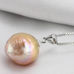 Pendentif en Argent 925 Perle Soufflée d'Eau Douce 11-12 mm rose pêche lavande