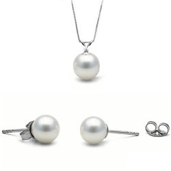 Parure de bijoux en perles : pendentif et boucles d'oreilles de perles d'Eau Douce Blanches AAA