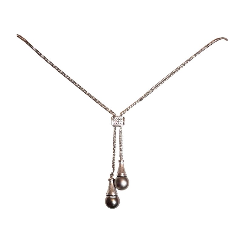 Collier 40/45 cm en Argent 925 diamants et 2 Perles de Tahiti 9-10 mm AAA 