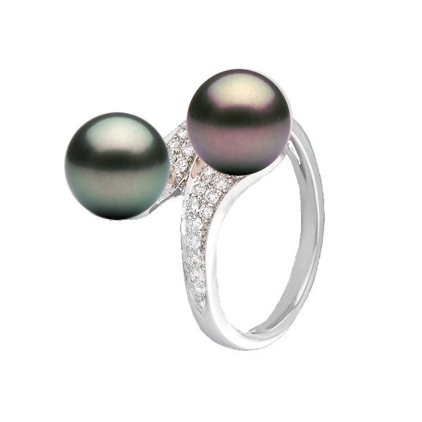 Bague Toi&Moi Or 18k et Diamants, perles noires de Tahiti AAA