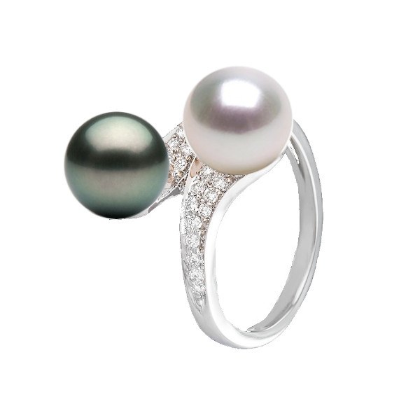 Bague Toi&Moi Or 18k Diamants perle blanche d'Australie et perle de Tahiti 9-10 mm AAA