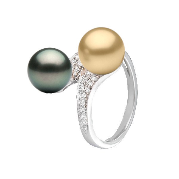 Bague Toi&Moi Or 18k Diamants perle dorée Philippine et perle de Tahiti 9-10 mm AAA