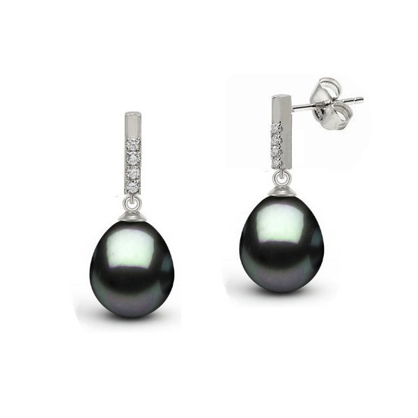 Boucles d'oreille or 18k et diamants, perles de Tahiti Goutte AA+/AAA