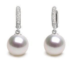 Boucles d'Oreilles en Argent 925 diamants et perles blanches d'Australie 9-10 mm AAA