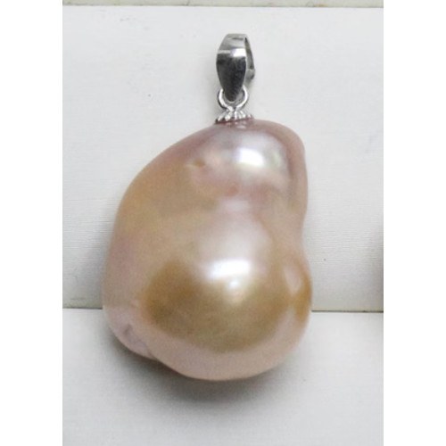 Pendentif et Chaine 45 cm en Argent 925 Perle Soufflée d'Eau Douce 21,5x14 mm rose pêche