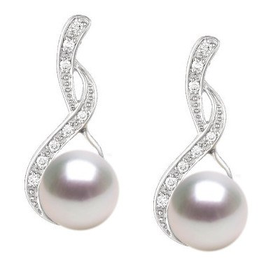Boucles d'Oreilles Or 18k diamants et perles de culture d'Akoya blanches