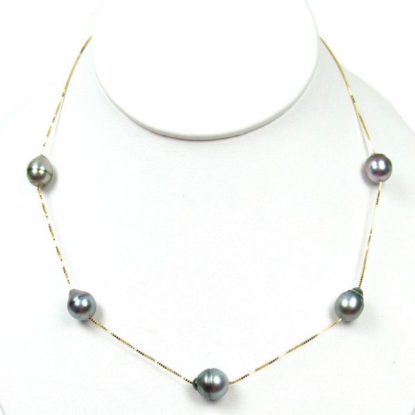 Collier de 5 perles de Tahiti Baroques 9-10 mm chaine corde or 14k